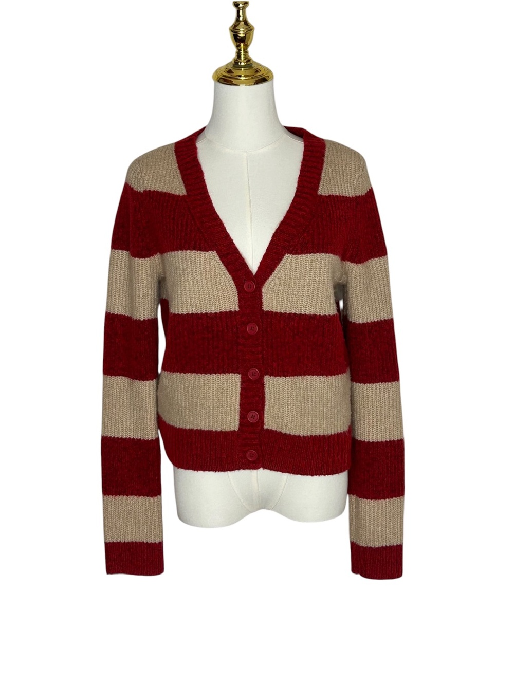 American Eagle Preppy Red Beige Wide-Stripe V-Neck Cardigan Lite Academia Sz M